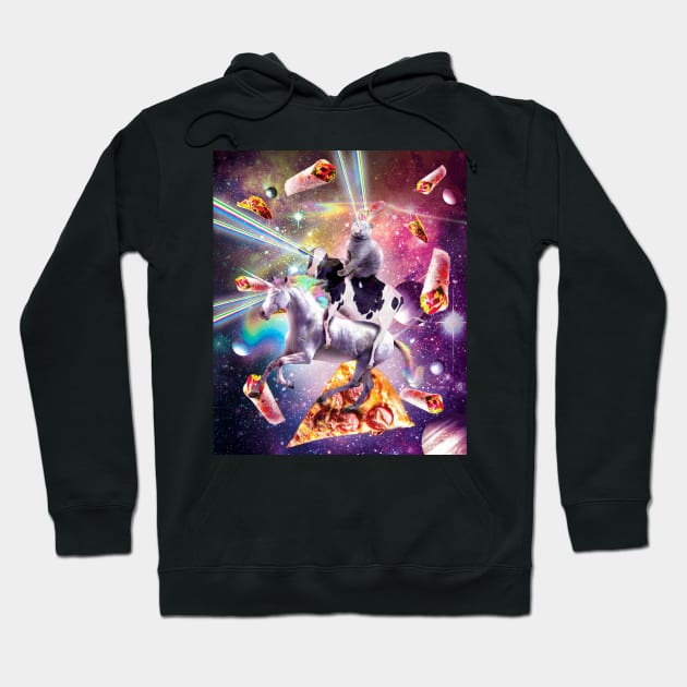 Laser Eyes Space Cat On Cow Unicorn - Rainbow Hoodie by Random Galaxy